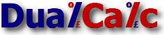 The DualCalc logo:  the word DualCalc in blue and red with a drop shadow.  The lower-case L characters have been replaced by percentage signs and the lower zero of these signs have been replaced with a pound/punt sign